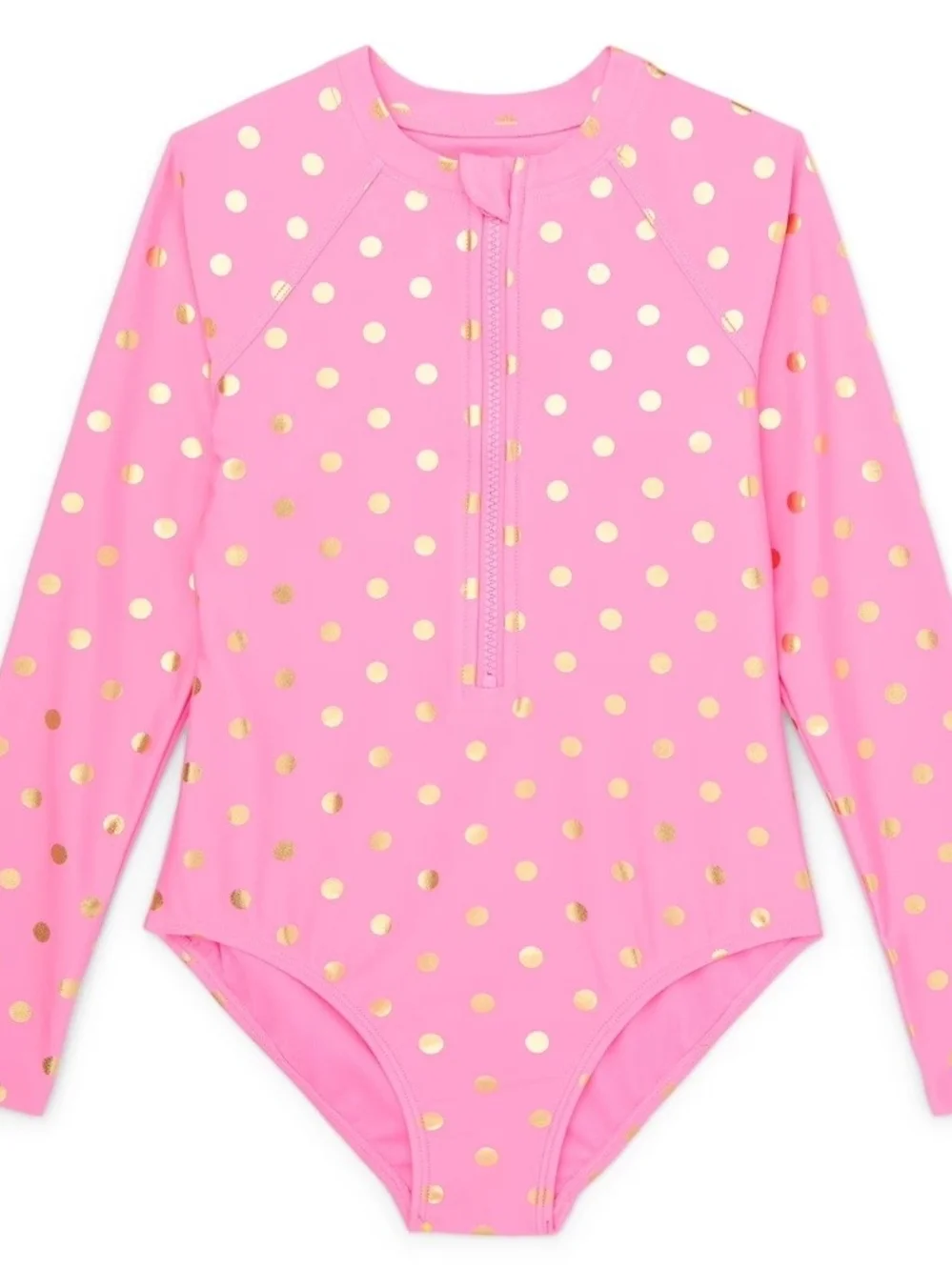 One-Piece Zip Up Swimsuit Pink w/Gold Polka Dots Kid Size L (10-12) NWOT